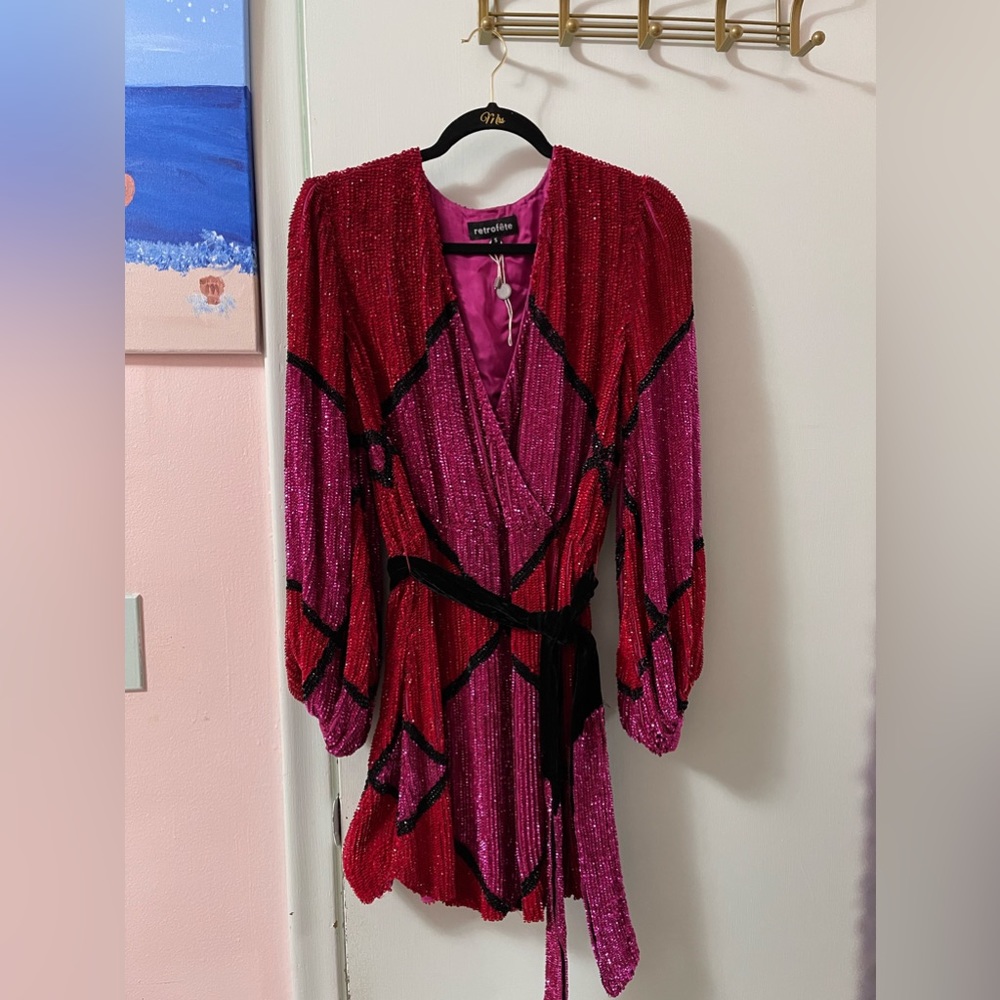 New Retrofete Pink & Black Diamond Shape Sequin Dress | Size S (NWOT)